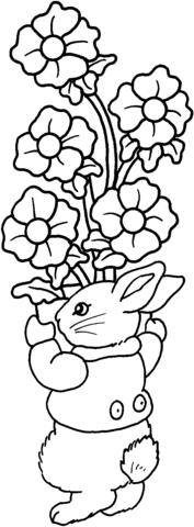 Rabbit Holds A Lot Of Flowers Coloring Page